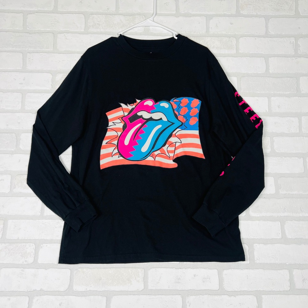 Rolling Stones Steel Wheels Long Sleeve Graphic Tee Black Pink Blue Flag Size M